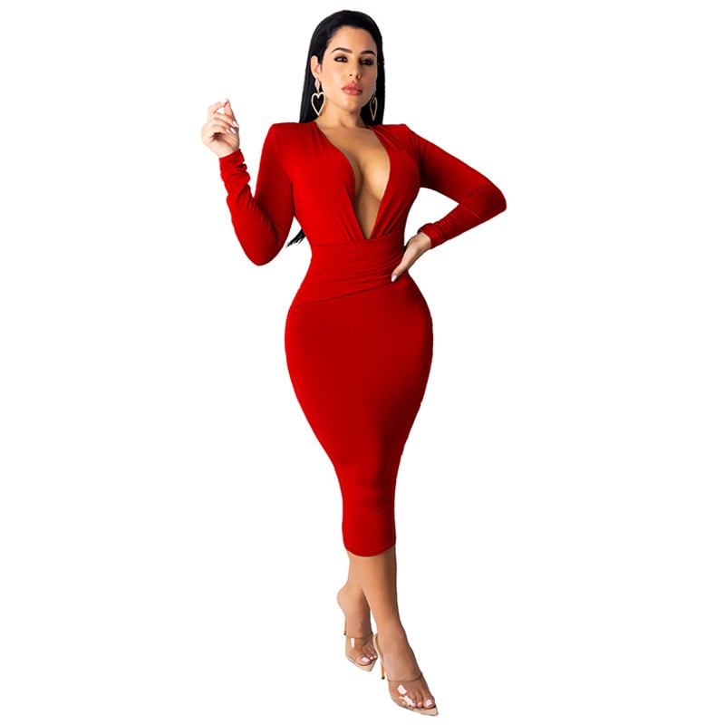 Deep V Neck Long Sleeve Hip Dress for Fashionable Look