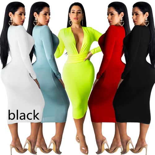 Deep V Neck Long Sleeve Hip Dress for Fashionable Look