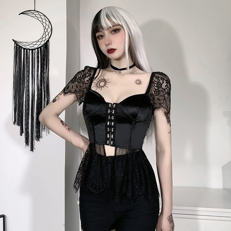 Lace T-shirt with Puff Sleeve and V-neck Design