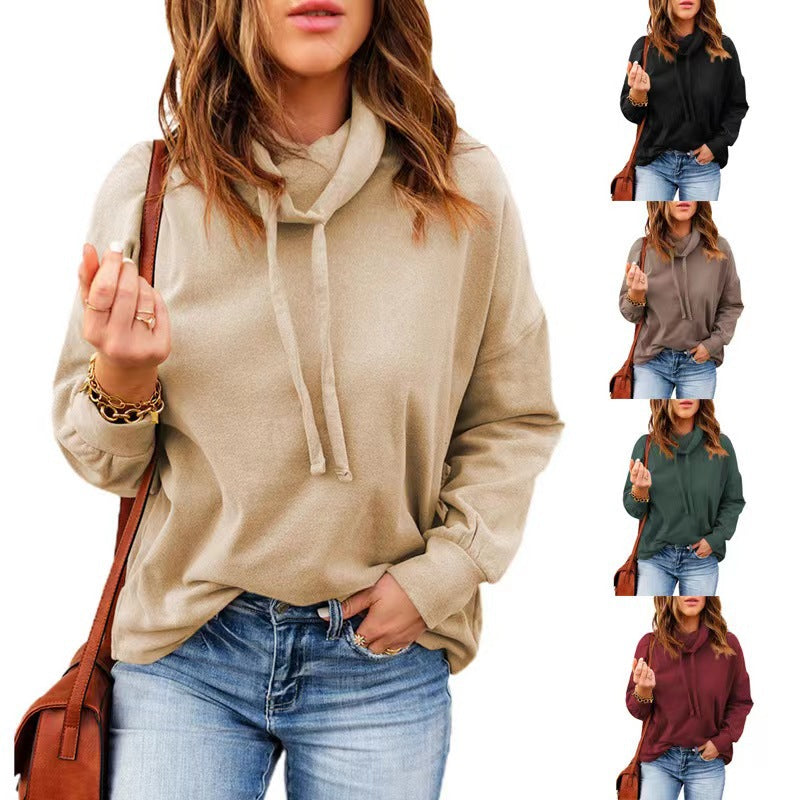 High Neck Drawstring Hoodie for Women with Long Sleeves
